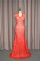 Elegant Mermaid Red Lace Prom Party Dress V Neck Cap Sleeves Open Back