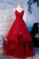 Elegant Spaghetti Straps Corset Layered Red Tulle Ball Gown Prom Evening Dress 