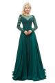 Stunning Illusion Neckline Long Sleeve Beaded Dark Green Prom Evening Dress With Train