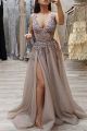 Stunning V Neck Side Slit Crystal Beaded Grey Tulle Prom Party Dress 