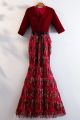 Elegant V Neck Half Sleeve Velvet Bodice Sequined Red Tulle Mermaid Prom Evening Dress With Bow Sash