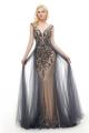 Gorgeous V Neck Backless Crystal Beaded Grey Tulle Mermaid Maxi Prom Evening Dress