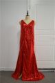 Sparkly Sequined Red Prom Party Dress V Neck With Slit