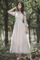 Elegant High Neck 3 4 Sleeve Tea Length Lace A Line Wedding Dress With Collar Buttons
