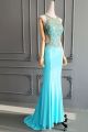Sexy Long Sheath Blue Chiffon Beaded Prom Party Dress With Cutouts Open Back