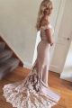 Romantic Off The Shoulder Buttons Back Beaded Dusty Pink Mermaid Prom Evening Dress With Lace Train