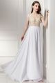 A Line Boat Neck Cap Sleeve Sheer Back Crystal Beaded Champagne Appliques White Chiffon Prom Evening Dress 