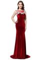 Mermaid Boat Neck Sheer Back Crystal Beaded White Appliques Red Velvet Prom Evening Dress 