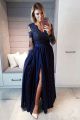 Elegant V Neck Long Sleeves Side Slit Navy Blue Chiffon Prom Evening Dress With Appliques