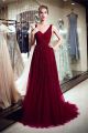 Stunning V Neck Low Back Beaded Burgundy Tulle A Line Long Prom Evening Dress