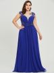 Stunning A Line Boat Neck Cap Sleeve Beaded Appliques Royal Blue Chiffon Plus Size Prom Evening Dress 