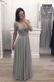Stunning Scoop Long Sleeve Silver Grey Chiffon A Line Prom Party Dress With Lace Appliques