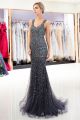 Gorgeous Queen Anne Neckline Sheer Back Crystal Beaded Grey Tulle Women Clothing Mermaid Maxi Prom Evening Dress