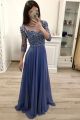 Stunning Scoop 3 4 Sleeves Blue Chiffon Crystal Beaded A Line Prom Party Dress 