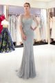 Gorgeous Scoop Neck Crystal Beaded Grey Tulle Mermaid Maxi Prom Evening Dress With Flutter Sleeve