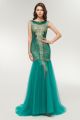 Mermaid Boat Neck Cap Sleeve Crystal Sequined Teal Tulle Prom Evening Dress 