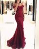 Beautiful Mermaid Off The Shoulder Crystal Beading Burgundy Lace Prom Evening Dress