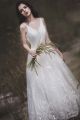 Elegant V Neck Low Back Long A Line Tulle Wedding Dress With Appliques Buttons No Train       