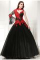 Ball Gown High Neck One Shoulder Crystal Beaded Red Appliques Black Tulle Prom Evening Dress 