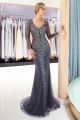 Scoop Long Sleeve Sheer Back Crystal Beaded Dark Navy Tulle Mermaid Luxury Prom Evening Dress