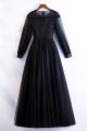 Elegant Scoop Long Sleeve Beaded Appliques Black Tulle A Line Prom Evening Dress 