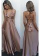 Sexy A Line V Neck Cross Straps Open Back Dusty Rose Silk Prom Evening Dress