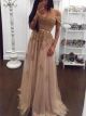Gorgeous A Line Off The Shoulder Crystal Beading Champagne Tulle Prom Evening Dress With Appliques
