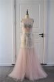 Beautiful See Through Mermaid Prom Party Dress Scoop Backless Pink Lace Tulle With Crystals
