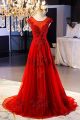 Beautiful Scoop Corset Cap Sleeve Beaded Appliques Red Tulle A Line Prom Evening Dress 
