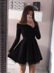 Sexy Off The Shoulder Long Sleeves Black Jersey Woman Clothing Short Mini A Line Little Black Dress