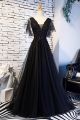 Princess V Neck Corset Black Lace Tulle Beaded A Line Prom Evening Dress With Ruffled Sleeve