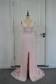 Beautiful Sheath Prom Party Dress V Neck Open Back High Slit Pink Chiffon With Cutouts