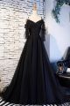 Stunning Cold Shoulder Corset Beaded Appliques Black Tulle A Line Prom Evening Dress 