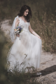 Boho V Neck Low Back Beaded Flowers Tulle A Line Beach Destination Wedding Dress 