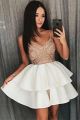 Stunning Short Mini Ball Gown Spaghetti Straps Champagne Lace Top Tiered White Party Evening Dress   