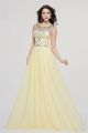 A Line Scoop Cap Sleeve Crystal Beaded Yellow Chiffon Prom Evening Dress 
