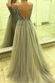 Stunning V Neck Open Back Crystal Beaded See Through Grey Tulle Evening Prom Dress