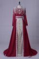 A Line Scoop Long Sleeve Crystal Beaded Red Chiffon Prom Evening Dress 