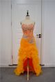 Sexy See Through High Low Mermaid Prom Party Dress Sweetheart Ruffled Orange Organza With Crystals