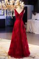 Gorgeous V Neck Corset Red Lace A Line Prom Evening Dress With Crystals