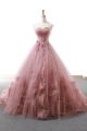 Elegant Ball Gown Sweetheart Corset Back Ruffled Dusty Pink Tulle Wedding Prom Dress With Flowers