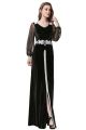 A Line V Neck Long Sleeve Pearl Beaded White Lace Black Prom Evening Dress With Slit