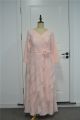 Modest Plus Size Tiered Prom Party Dress V Neck Long Sleeves Pink Chiffon With Flower