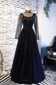 Elegant High Neck Long Sleeve Black A Line Prom Evening Dress With Crystals