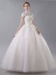 Ball Gown High Neck Short Sleeve Corset Open Back Crystal Beaded Lace Flowers White Wedding Dress 