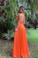 Sexy A Line Deep V Neck Open Back Pleated Orange Chiffon Prom Evening Dress 