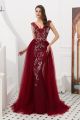 Royal V Neck Cap Sleeve Low Back Crystal Beaded Wine Red Tulle Long Mermaid Prom Evening Dress 