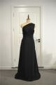 Elegant Ruched A Line Prom Party Dress One Shoulder Black Chiffon