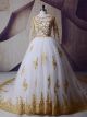 Ball Gown Boat Neckline Long Sleeve Beaded Gold Appliques White Tulle Wedding Dress 