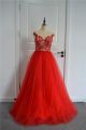 Stunning Beaded Ball Gown Prom Party Dress Illusion Neckline Cap Sleeves Red Lace Tulle